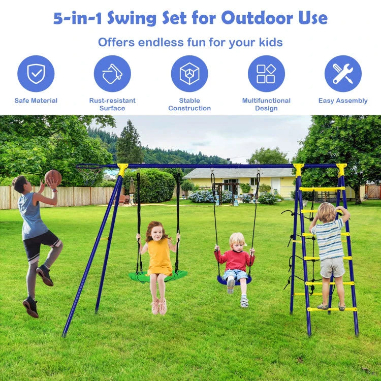 5 in 1 outdoor kids swing set with a shaped metal frame and ground stake1 5 in 1 outdoor kids swing set with a shaped metal frame and ground stake1
